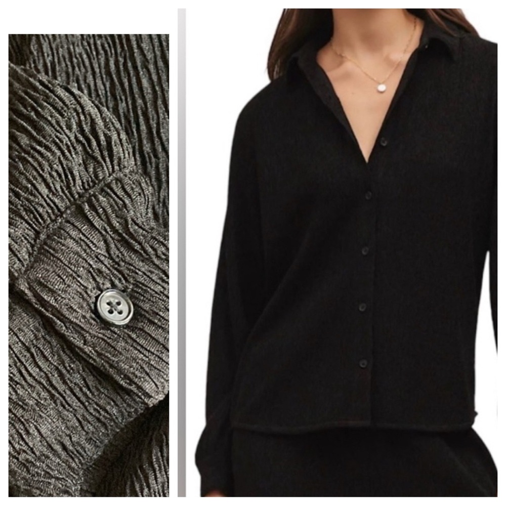Z Supply Lyrical Crinkle Knit Button Down Shirt Black XS (runs big) NWT
